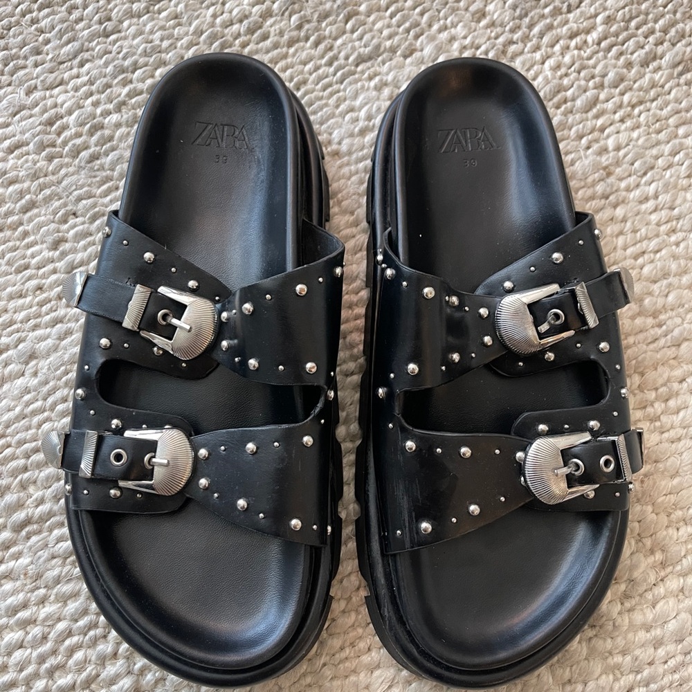 Zara Black Sandals with Silver Buckles